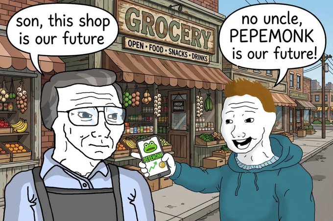 Wojak-style meme showing an older uncle telling a younger man "son, this shop is our future" while the excited younger man holds up a phone showing "PEPEMONK" and replies "no uncle, PEPEMONK is our future!" in front of a grocery store.