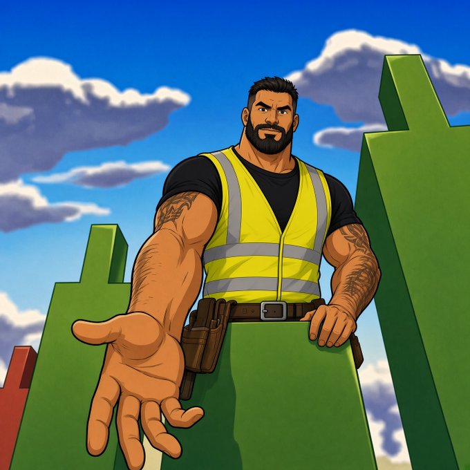 An animated/illustrated character of a muscular, bearded construction worker wearing a yellow high-visibility vest and tool belt, reaching out with one hand against a sky background with green structures.