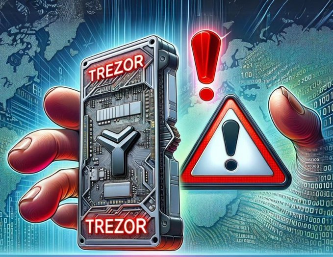 An illustration showing a hand holding a Trezor hardware wallet device alongside red warning signs, set against a digital world map background with binary code, suggesting a security alert or hack warning for the crypto wallet.