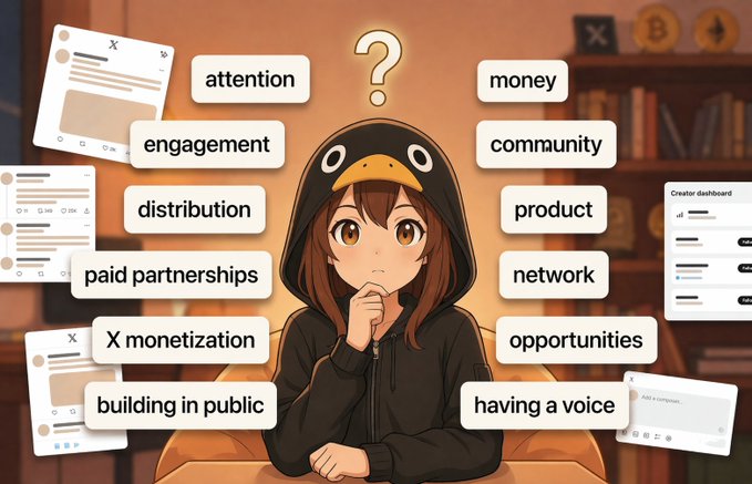 The image features a cartoon girl wearing a black hoodie with a large penguin head hat sitting at a desk surrounded by various papers and books. The girl appears to be deep in thought, pondering over some questions related to social media marketing or business strategies. The text "attention", "engagement", "money", "social network", "productivity", "paid partnershipships", "distribution", "X monetization", "building in public", and "opportunities" are visible on the papers, suggesting that she is contemplating different aspects of her work or personal life. The overall scene conveys a sense of contemplation and introspection as the girl tries to make sense of the various topics at hand.