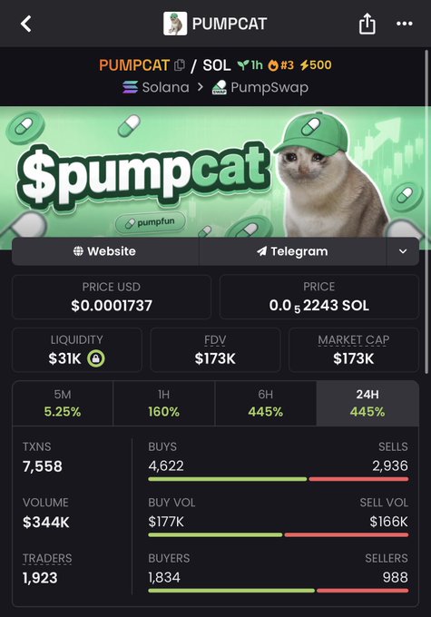 A screenshot of the $PUMPCAT token page on Solana via PumpSwap, showing a price of $0.0001737, market cap of $173K, 24H gain of 445%, and 4,622 buys vs 2,936 sells—visuals backing the post's bold claim that the memecoin is "time to send to the moon."