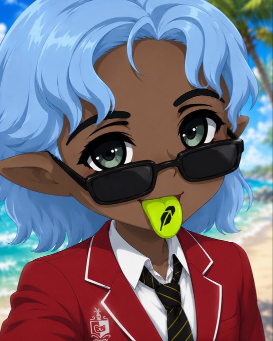 Anime-style illustration of a character with light blue hair, dark sunglasses, a red blazer, and a green leaf-like object in their mouth against a beach background.