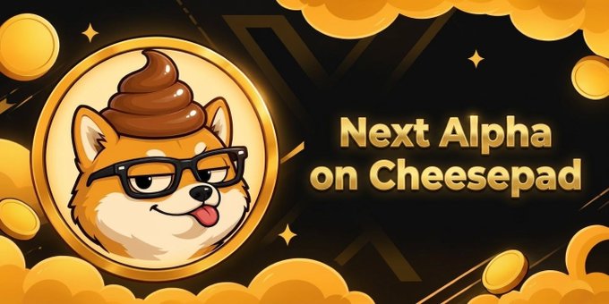 A promotional banner features a cartoon Shiba Inu dog wearing glasses with a poop emoji on its head, surrounded by gold coins, with the text "Next Alpha on Cheesepad" displayed prominently. The image directly supports the post's hype by visually representing the $DOGSHIT token's dog-and-shitcoin meme theme while teasing it as the next "alpha" opportunity on the Cheesepad launchpad.