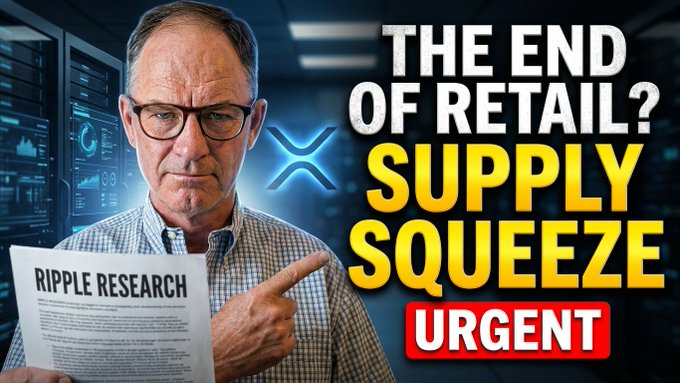 A serious-looking man in glasses holds a "RIPPLE RESEARCH" document while pointing at bold text reading "THE END OF RETAIL? SUPPLY SQUEEZE URGENT" alongside the XRP logo, visually promoting the YouTube video about a potential XRP supply squeeze.