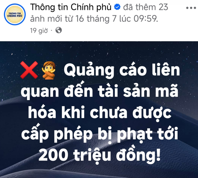 A Facebook post from the verified Vietnamese government page 'Thông tin Chính phủ' warning about penalties up to 200 million đồng for advertising unlicensed chemical assets.