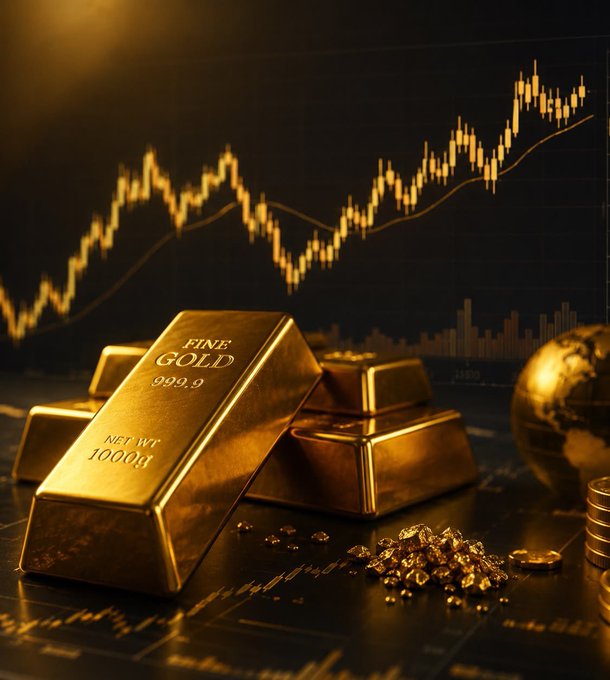 A financial-themed image showing gold bars labeled 'FINE GOLD 999.9' and 'NET WT 1000g' alongside gold nuggets, a globe, and a stock market candlestick chart in the background.