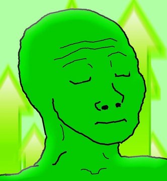 The image depicts a green "Pepe the Frog" meme character with a calm expression, set against a backdrop of green upward-pointing arrows, symbolizing bullish sentiment for the $KAS cryptocurrency as described in the accompanying post.
