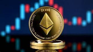 A physical Ethereum (ETH) coin sits stacked on a reflective surface in front of a candlestick price chart, visually reinforcing the post's discussion of proposed staking reward reductions that could affect ETH's price dynamics and validator participation.