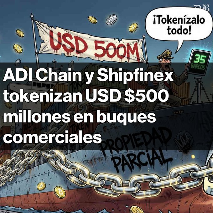 The image is a stylized illustration showing a distressed cargo ship draped in heavy chains, with a captain holding a digital display reading "35 BARCOS" while shouting "¡Tokenízalo todo!" from a speech bubble, set against a banner reading "USD 500M" and ship markings labeled "PROPIEDAD PARCIAL," visually reinforcing the post's announcement of ADI Chain and Shipfinex tokenizing USD $500 million across approximately 35 ships through fractional ownership rather than direct title transfer.