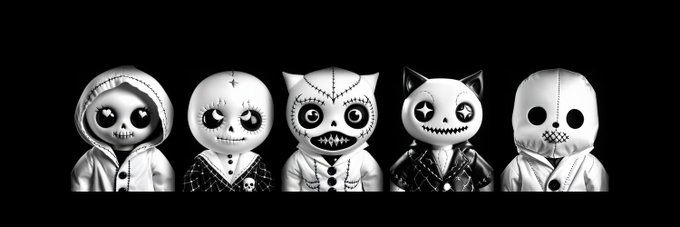 A row of five black and white plush toys featuring stylized skull and horror-themed faces in various costumes against a black background.