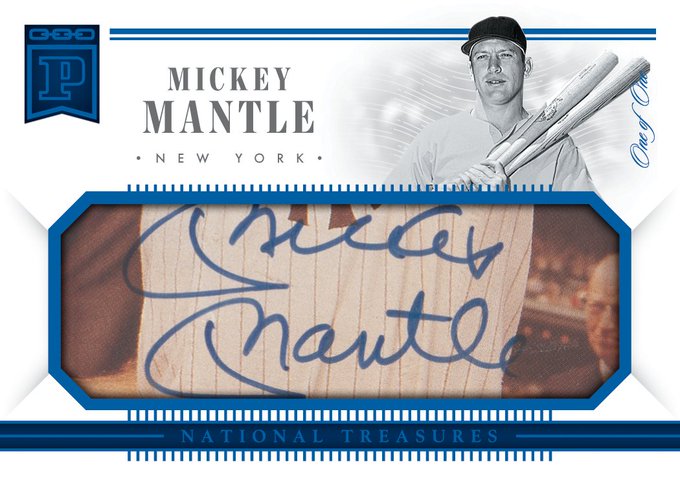 A Panini 'National Treasures' Mickey Mantle New York Yankees trading card featuring an autograph patch window with Mantle's signature visible in blue ink.
