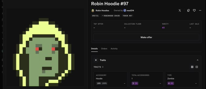 A digital collectible listing for 'Robin Hoodie #97' showing a pixelated green zombie character with red eyes, part of the Robin Hoodies collection.