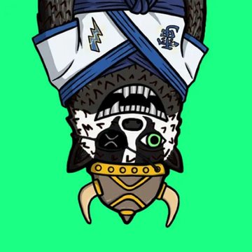 An upside-down cartoon illustration of a creature with sharp teeth wearing a baseball-style jersey and a mask, set against a green background.