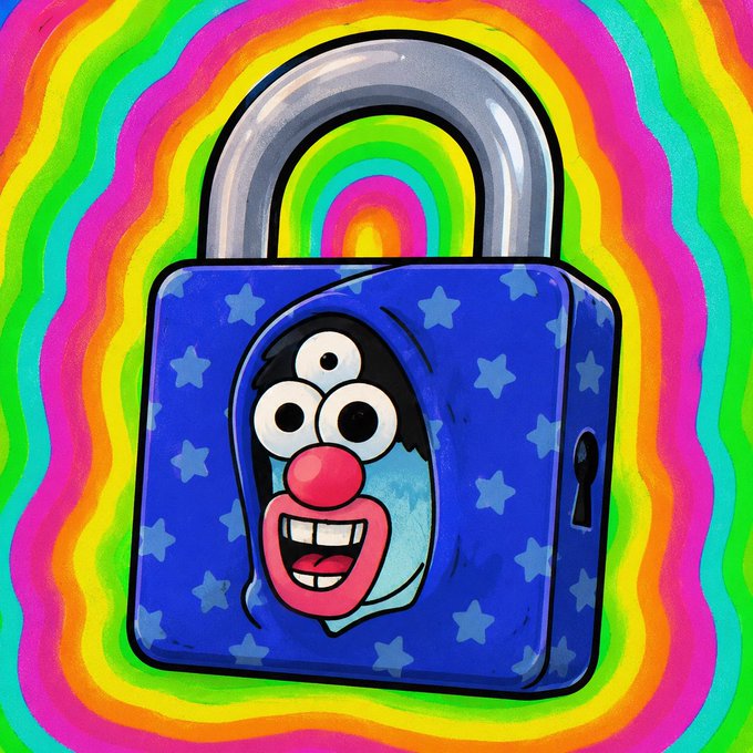 A colorful, psychedelic illustration of a blue padlock with stars and a face with three eyes, set against a swirling rainbow background.