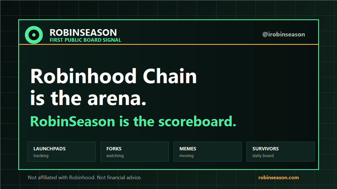 A dark-themed digital advertisement for 'ROBINSEASON' stating 'FIRST PUBLIC BOARD SIGNAL' and 'Robinhood Chain is the arena. RobinSeason is the scoreboard,' with sections labeled 'LAUNCHPADS,' 'FORKS,' 'MEMES,' and 'SURVIVORS.'