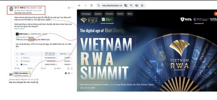 The image displays a Vietnamese social media post discussing tokens like BNB, BNB Chain, and Solana in the context of an upcoming "Vietnam RWA Summit" at the International Conference Center in Hanoi on July 18-19, 2026, likely referencing how Pi Network is preparing for real-world asset (RWA) integration alongside various Web3 technologies.