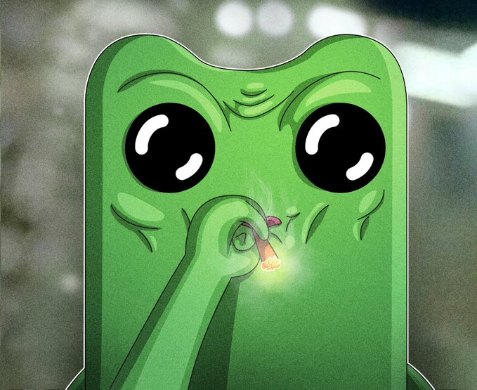 A cartoon green frog with large shiny eyes holds a glowing, lit joint in a relaxed pose, embodying the "patient" and laid-back vibe of the OG Fwog character as referenced in the post about holding $FWOG.