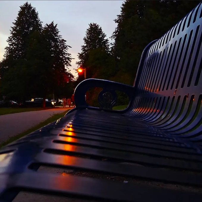 A low-angle shot of a dark blue park bench at dusk, with reflections of streetlights visible on the wet surface and trees and vehicles in the background.