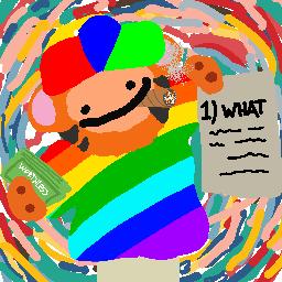 A colorful digital drawing of a rainbow character holding a sign labeled "1) WHAT" accompanies a bold, defiant declaration that "O.P.I.U.M." is heading to "1" $BTC at minimum, reinforcing the rallying-cry tone of the post with its chaotic, meme-like art style. The vibrant, abstract character visually amplifies the message of unstoppable, fun-spirited optimism toward reaching one full Bitcoin.