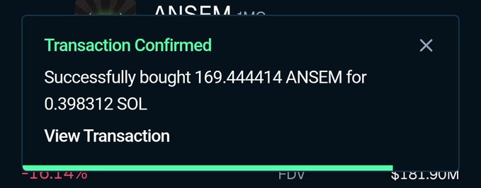 A transaction confirmation screen showing 'Successfully bought 169.444414 ANSEM for 0.398312 SOL' with a market cap of $181.90M.