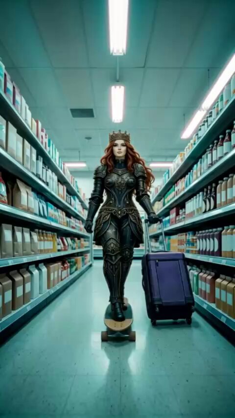 The image features a woman dressed in medieval clothing standing on a skateboard with her luggage, which includes a suitcase and a backpack. The background of the image shows shelves filled with various items such as bottles and books. The caption for this image is "Good Night May June will treat us better. We learned from all the good, the bad and the ugly. We will meet you stronger. Tomorrow $STKR X @MemeMilitiaNFT".