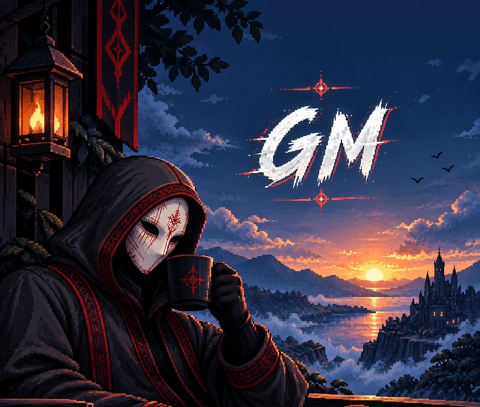 A hooded figure wearing a white and red mask sips from a dark mug overlooking a fantasy landscape at sunset, with the text 'GM' displayed prominently in the sky.