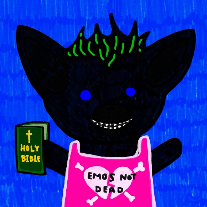 A cartoon black cat with glowing green hair, blue eyes, and a wide toothy grin holds a green "HOLY BIBLE" while wearing a pink tank top reading "EMOS NOT DEAD" with a heart and crossbones, set against a vibrant blue background—aligning with the post's playful crypto/NFT announcement about "DEMONICS" holders receiving airdrops and whitelist opportunities.