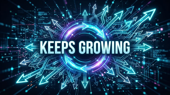 The image features a circle filled with multiple arrows of different sizes, creating a dynamic pattern within its center. Overlaying the scene is a text that says "keeps growing" written in a smaller font size compared to the background arrow. The background appears to be composed of various computer lines and dots.