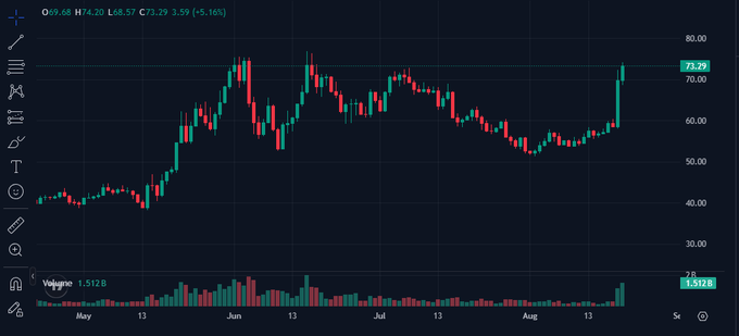 A candlestick chart showing HYPE token at $73.29, up 5.16% (+$3.59), with a volume of 1.512B and price movements ranging between approximately $40 and $80 over several months.