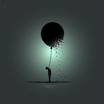 A small silhouette holds onto a large black balloon that is dissolving into falling particles, with small text below reading "THE WEIGHT OF LOSS." The melancholic artwork of a person tethered to a disintegrating balloon visually echoes the post's promotion of 1/1 NFT pieces available for 0.01 ETH on Transient Labs.
