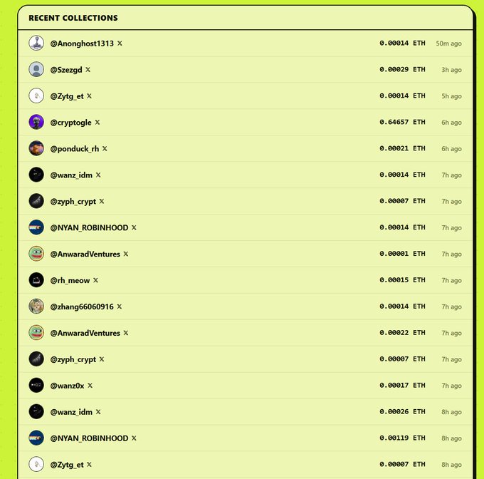 A "Recent Collections" leaderboard displays ETH transactions from various X (Twitter) users, with @cryptogle notably claiming the highest amount at 0.64657 ETH 6 hours ago, visually supporting the post's claim about him engaging with the @RadioSharing ecosystem by claiming fees and buying back tokens.