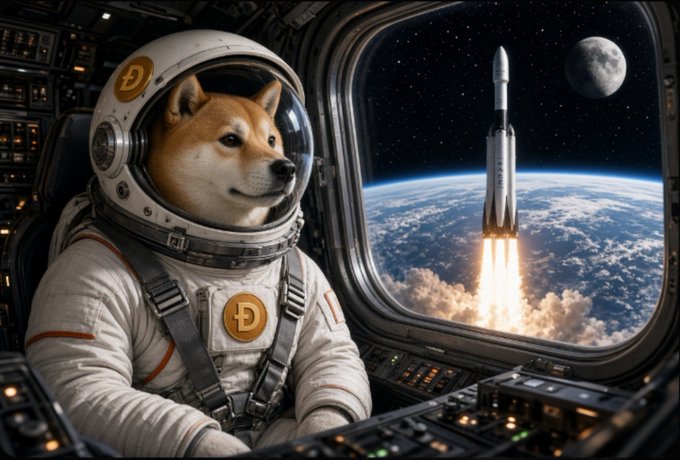 A Shiba Inu wearing a space helmet emblazoned with the Dogecoin "Ð" symbol sits in a spacecraft cockpit, gazing out at a SpaceX rocket launching toward the moon with Earth's curvature below. The image visually represents the post's claim about an actual Dogecoin-funded satellite launching on a SpaceX Falcon 9, blending the meme coin's iconic mascot with the serious reality of a crypto-sponsored space mission.