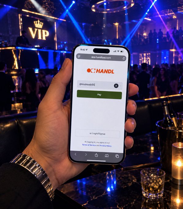 A hand holding a smartphone showing a payment app called "HANDL" with the username "@imshoaib55" and a "Pay" button, set against the backdrop of a VIP nightclub.