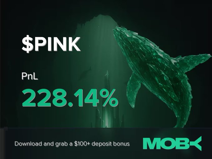 A promotional graphic for Moby displays a striking green whale illustration alongside "$PINK" ticker information, highlighting an impressive profit and loss of 228.14%, with a call-to-action at the bottom offering a "$100+ deposit bonus" to download the app. The bold green color scheme and underwater imagery visually reinforce the crypto trading win alert message.