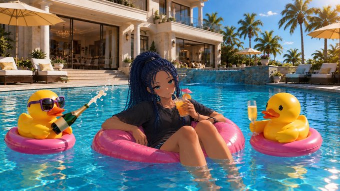 An anime-style illustration of a woman with long dark hair relaxing in a pink pool floatie between two yellow rubber ducks, holding a drink in a luxury pool setting.