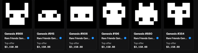 A series of six pixelated ghost-like NFT characters from 'Rare Friends Gen...' with Genesis numbers (#868, #915, #906, #196, #880, #354), each with a top offer of $3,150.88.