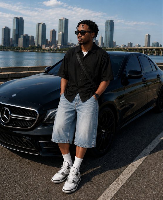 A young man with dreadlocks and sunglasses stands leaning against a black Mercedes-Benz, wearing a black shirt, light denim shorts, white socks, and sneakers, with a city skyline across the water in the background.