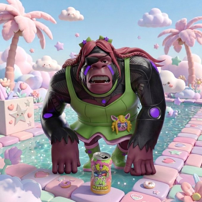 A 3D-rendered cartoonish gorilla character with pink hair and a green dress standing in a pastel-colored candy landscape with palm trees, clouds, and a soda can labeled 'MARTINI' at its feet.