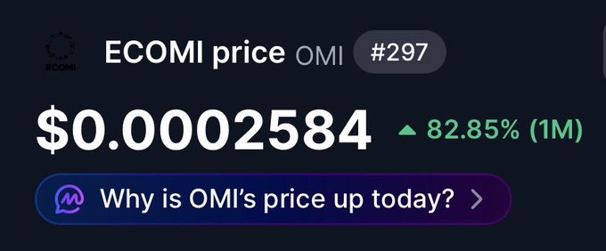 The image features a post about the cryptocurrency Omi which has a price of $OMI, rising as of today, at $0.08 billion. The post also includes several icons that show a discussion or an update related to the Omi token.