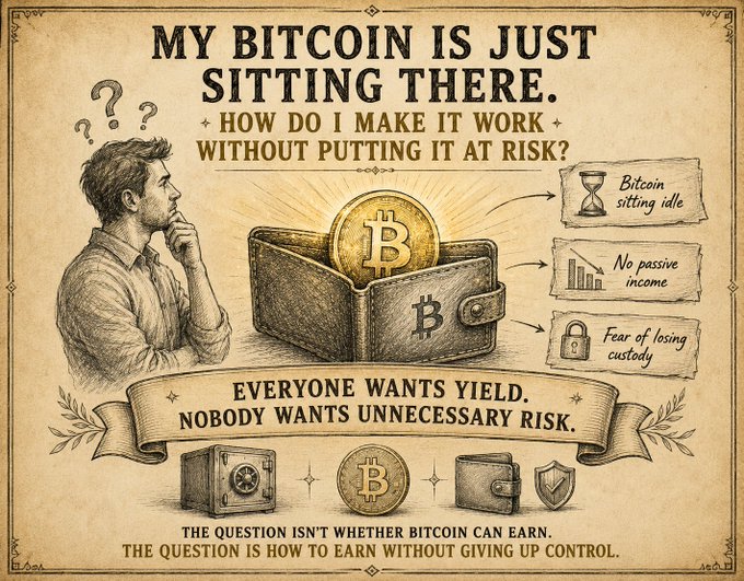 Vintage-style illustration titled 'MY BITCOIN IS JUST SITTING THERE' discussing concerns about idle Bitcoin, passive income, and custody risk.