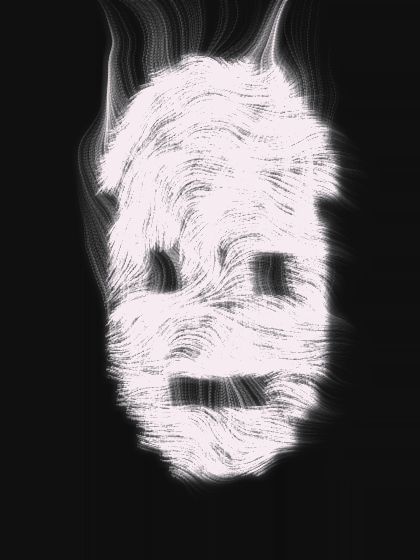 A ghostly white skull-like face composed of swirling, wispy lines emerges from a black background, giving an ethereal, smoldering effect. This haunting, experimental digital artwork showcases the VEXA technique referenced in the post, serving as a preview of the haunting aesthetic that will be applied to the upcoming Genesis collection.