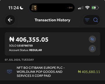 A phone screenshot of a Transaction History showing a ₦406,355.05 account balance for SOLO 1510766750, with a debit of ₦405,680.11 from "NFT BO CITIBANK EUROPE PLC - WORLDLINK POP GOODS AND SERVICES X CORP PAID" on 07 JUL 2026, reflecting the post's claim about a recent large transaction leaving little in the bank.