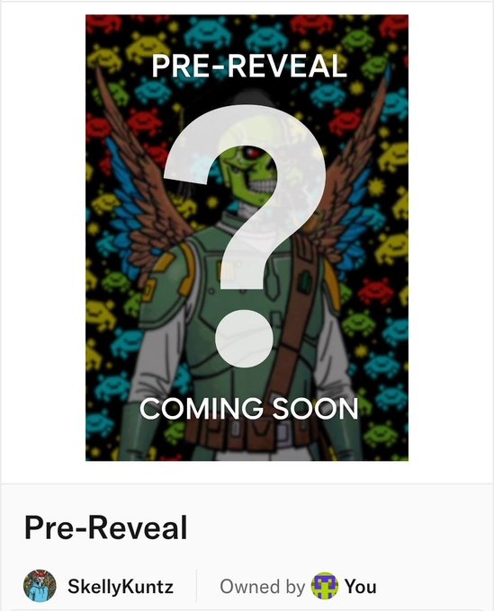 A "Pre-Reveal" NFT card titled "SkellyKuntz" is shown with a large question mark overlay and "COMING SOON" text on top of an alien-winged character illustration, indicating an upcoming flash mint on Ink Chain by creators @leaf_swan and @ScottBatemanArt.