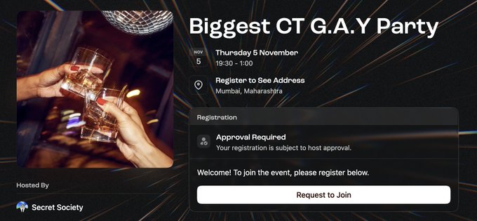 An event flyer titled 'Biggest CT G.A.Y Party' dated Thursday 5 November in Mumbai, hosted by 'Secret Society', featuring an image of two people toasting with drinks.