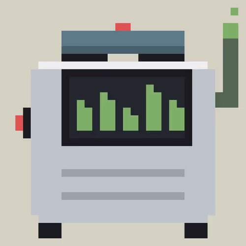 A pixel art illustration of a retro device or terminal displaying a green bar chart on its screen.