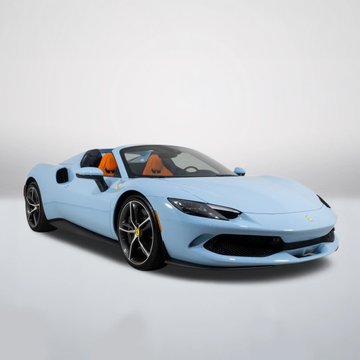 A light blue Ferrari convertible, likely a 296 GTS or SF90 Spider, is displayed against a white background, featuring tan interior seats and dark alloy wheels. The post suggests that the cryptocurrency 458 will soon surpass this luxury car in price, implying a comparison between the asset's rising value and the high-end vehicle's value.