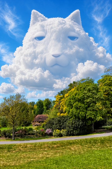 A cat-shaped cloud floats above a peaceful countryside scene with lush trees and a quaint house. The whimsical sky formation humorously visualizes the "signals" mentioned in the post, with the cloud resembling a feline messenger tied to the $KET ticker.