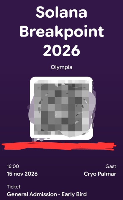 Event ticket graphic for 'Solana Breakpoint 2026' held at Olympia on November 15, 2026 at 16:00, featuring a guest named 'Cryo Palmær' and listed as 'General Admission - Early Bird'.