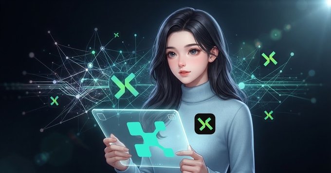 An anime-style illustration shows a young woman with long black hair in a blue turtleneck holding a transparent tablet displaying a glowing teal "X" logo, surrounded by floating network nodes and "X" symbols on a dark background.
