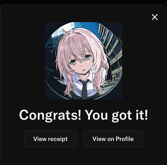 A digital interface displays a congratulations message 'Congrats! You got it!' below an anime-style portrait of a pink-haired character, with buttons for 'View receipt' and 'View on Profile.'